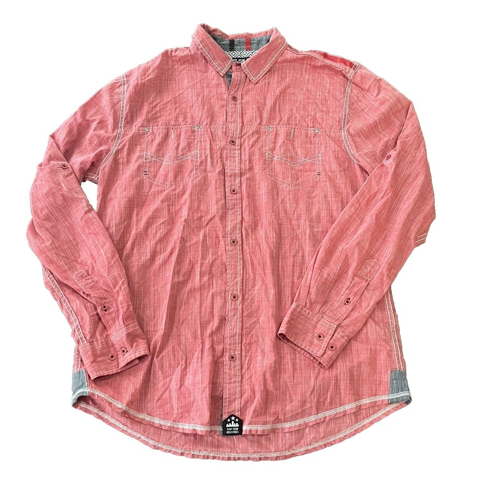 Raw Yarn Industries Men's XL Slim Fit Button Down Shirt Red Long Sleeve Hole